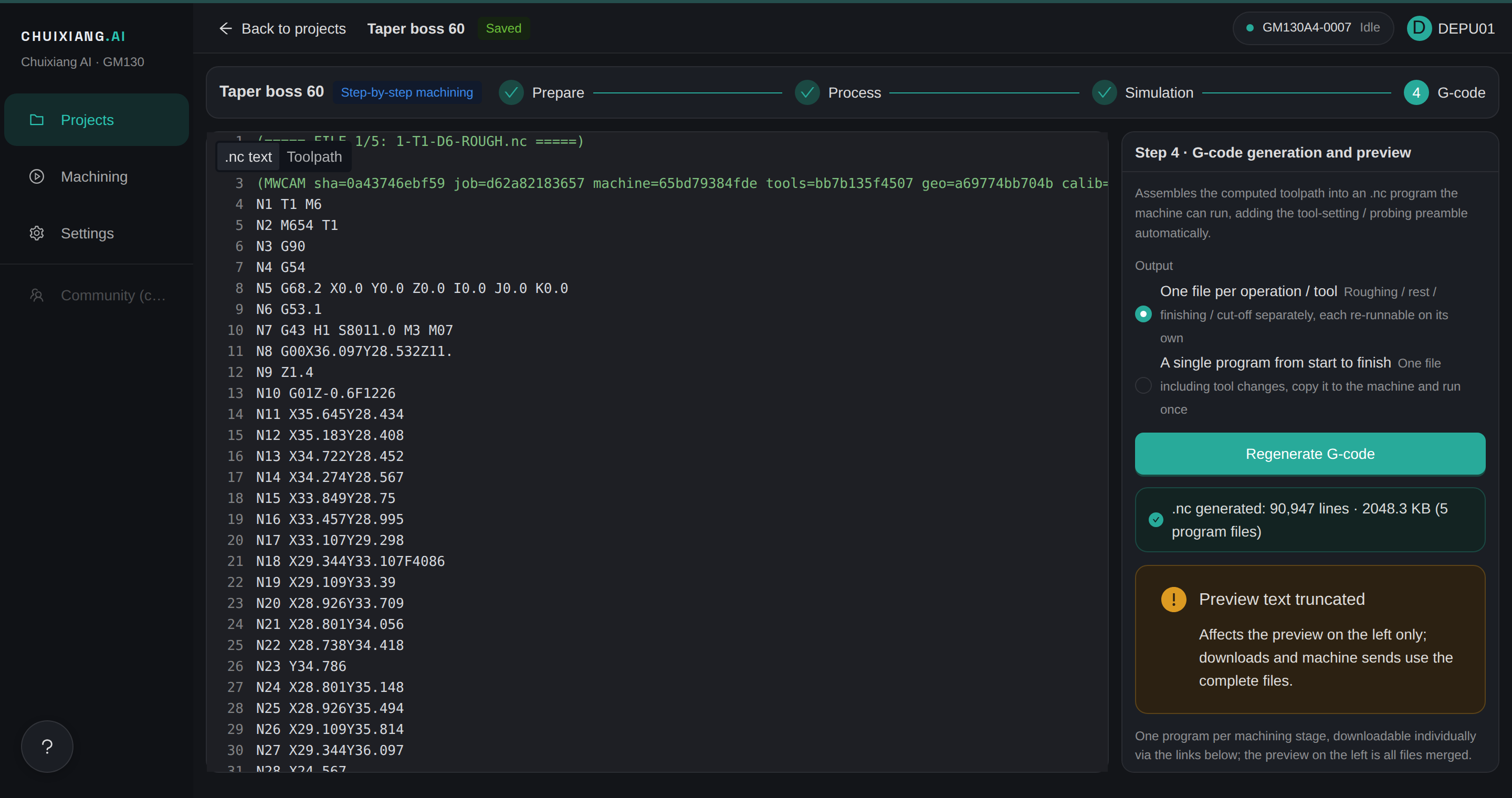CHUIXIANG App G-code step: program text with line numbers and the output options