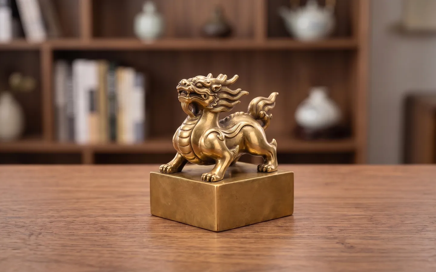 Rendering of a brass qilin seal on a square base